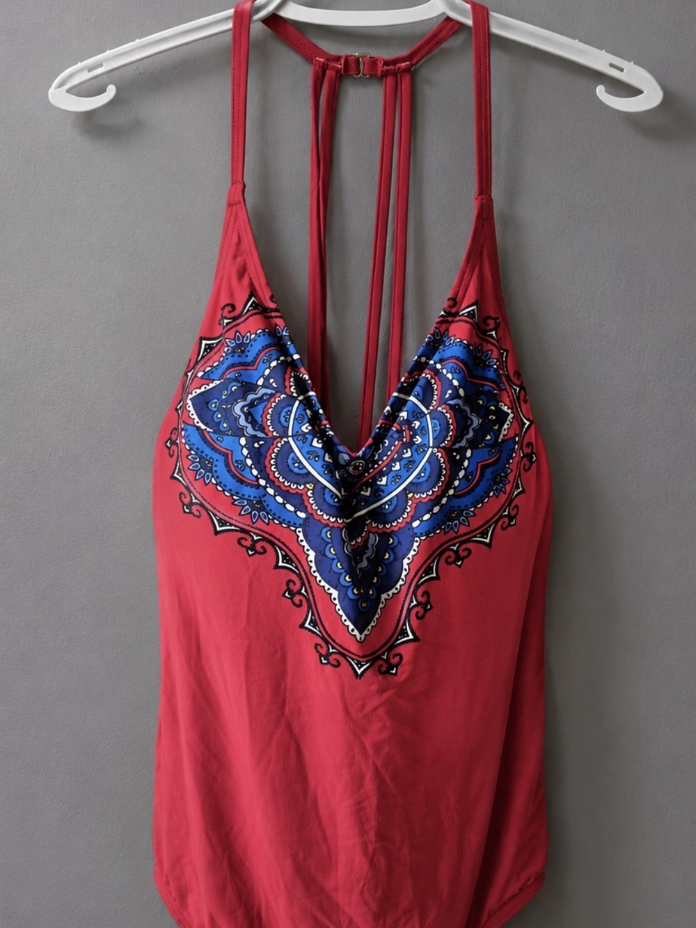 Red V-Neck Sleeveless Tank with Blue Decorative Print